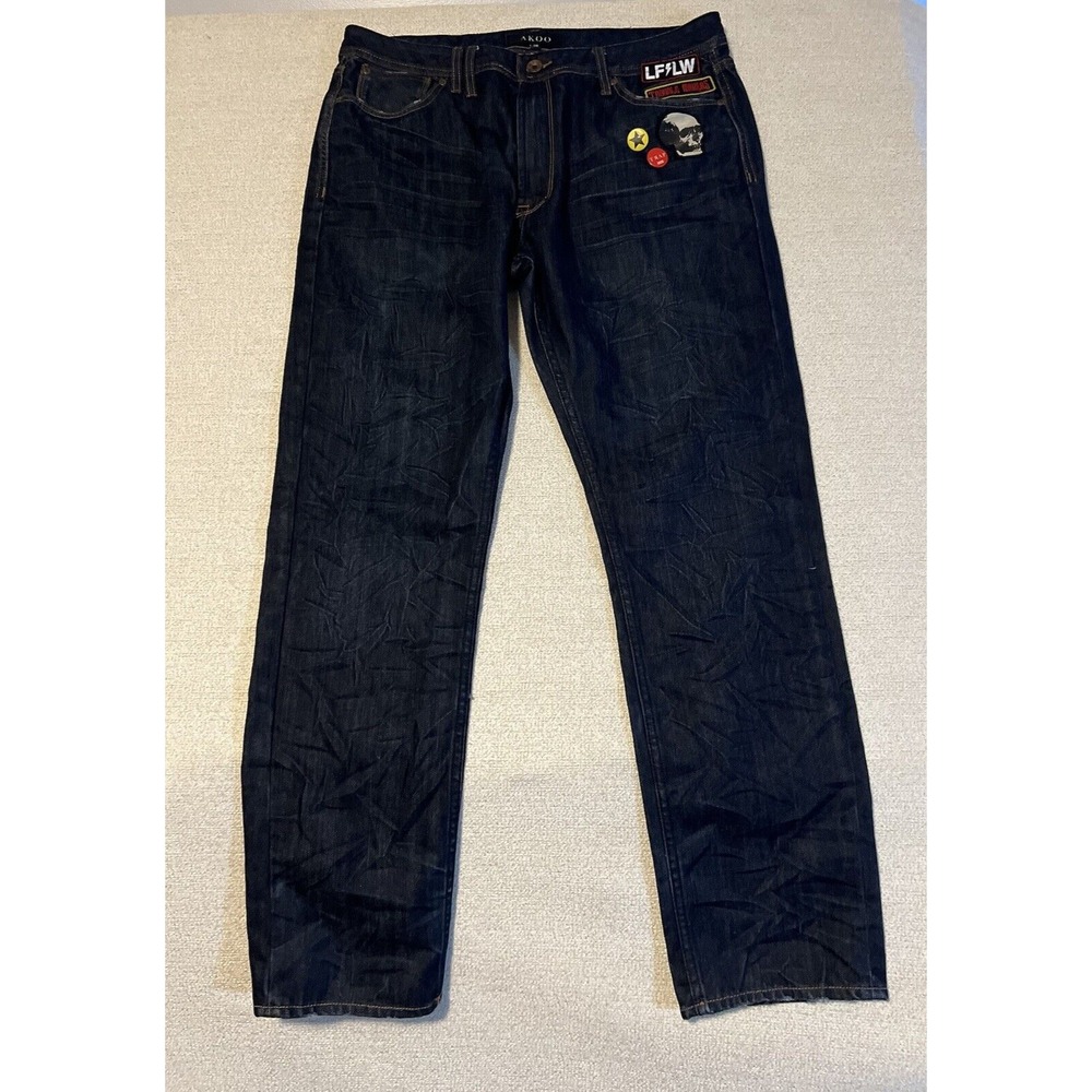 AKOO Jeans Y2K Mens‎ 38x32 Blue Straight Slim Patches Buttons Streetwear Hip Hop